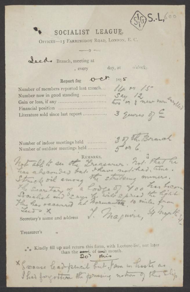 Typed and handwritten Socialist League report form for the Leeds branch, dated October 1885, listing membership numbers, meeting counts, financial notes, and remarks, with annotations in ink and pencil and an address for the League’s London offices at the top.