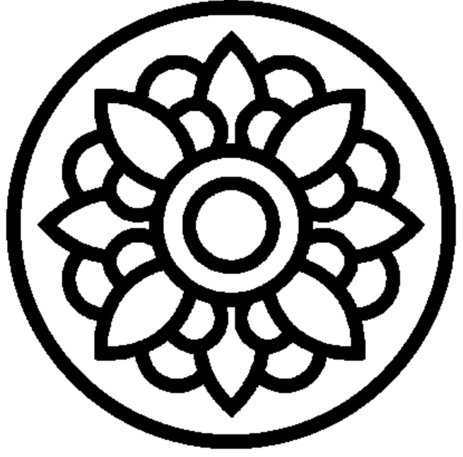 Black line drawing of a yorkshire rose inside a black circle