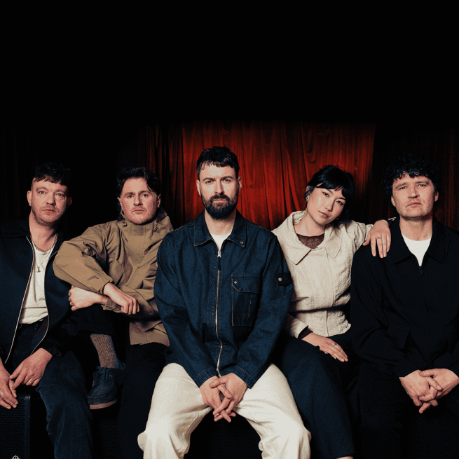 Courteeners band portrait with group studio imagery against red backdrop, promotional artwork for live concert at first direct bank arena.