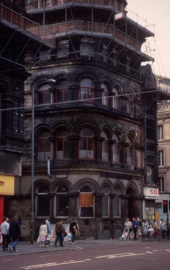A photograph of Boar Lane in the 1970s, black and derelict