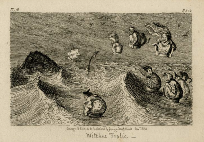 Illustration of witches flying on broomsticks above a choppy sea