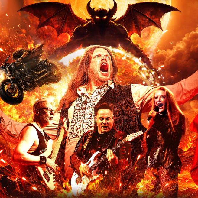 A Meat Loaf tribute band perform in the centre, framed by flames, soaring motorbikes, a demonic silhouette and fiery red sky.