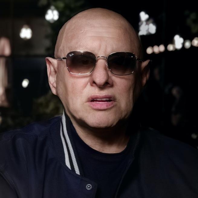 Shaun Ryder holds a neutral gaze, donning a pair of Ray Bans and navy jacket. The background is blurred but busy with lights and activity.