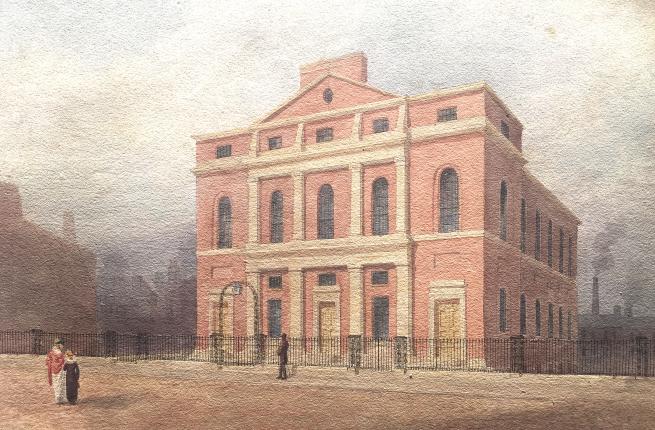 Historic architectural illustration of a three-storey red brick mill or warehouse building with tall arched windows, viewed from the street behind an iron fence.