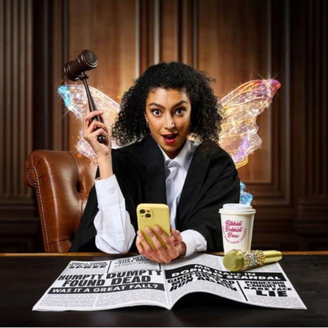 A woman in a judge's outfit and sparkling fairy wings, holding a gavel in one hand and a smartphone in the other. In a courtroom, she is sat at a desk with a newspaper, coffee cup and golden microphone.
