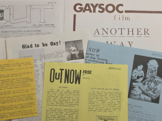 Selection of archival material relating to LGBTQIA+ histories at the University of Leeds, including GaySoc adverts and newsletters.