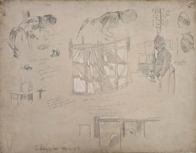 Pencil sketch on paper of various female figures, with written notes