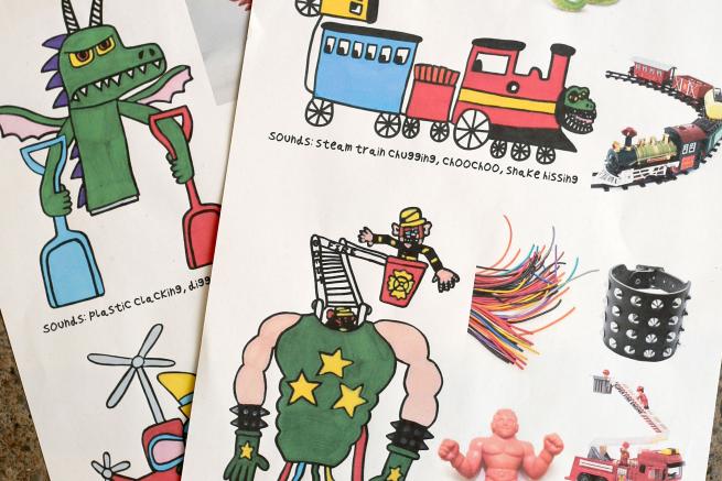 Two sheets of paper with colourful printed drawings and images showing wacky monsters like a train with a  dragon face and a strong man with a ladder head.