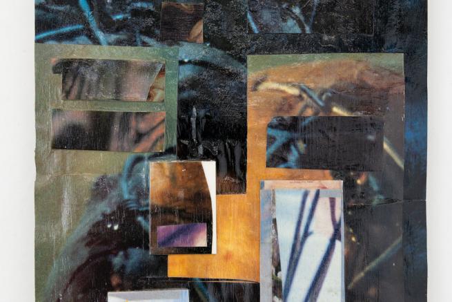 A photograph of an abstract collage with overlapping rectangles in dark, earthy tones and hints of blue; textures suggest a layered, mixed-media composition.