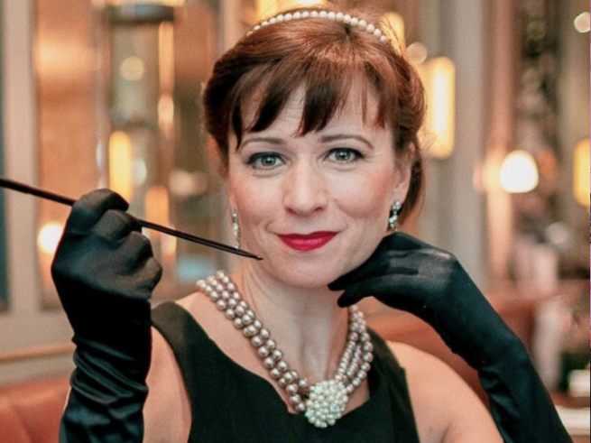 Helen Anker dressed as Audrey Hepburn.