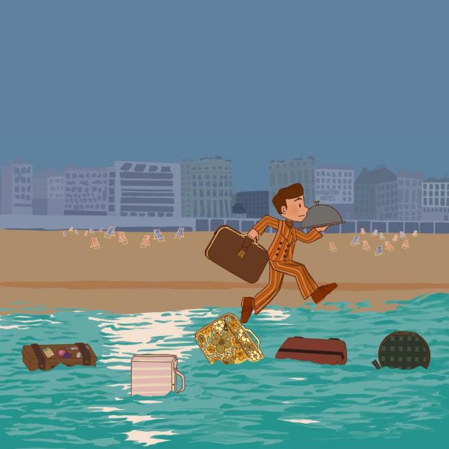 Cartoon illustration of a man running across a beach in a striped orange suit, holding a suitcase and silver platter, with a city skyline in the background.