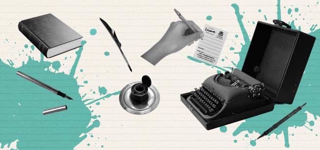A montage of writing instruments including ballpoint pens, fountain pens, quills, inkpots and a type writer, from the Collections of Leeds Museums and Galleries, on a lined paper backdrop with turquoise ink splodge shapes.