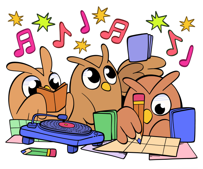 Three brown owls read books and draw zines as they listen to music on a purple record player