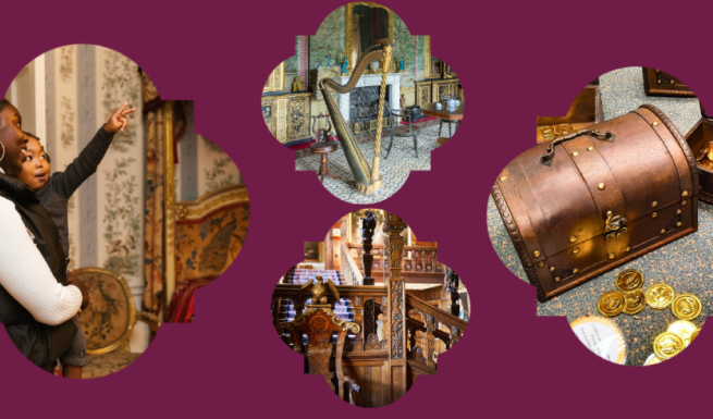 An image of a chest and coins, with an image of an adult holding a toddler and pointing