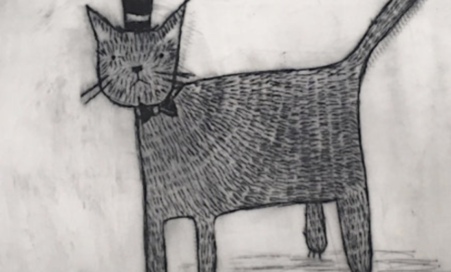 A drypoint etched print of a cat in a hat