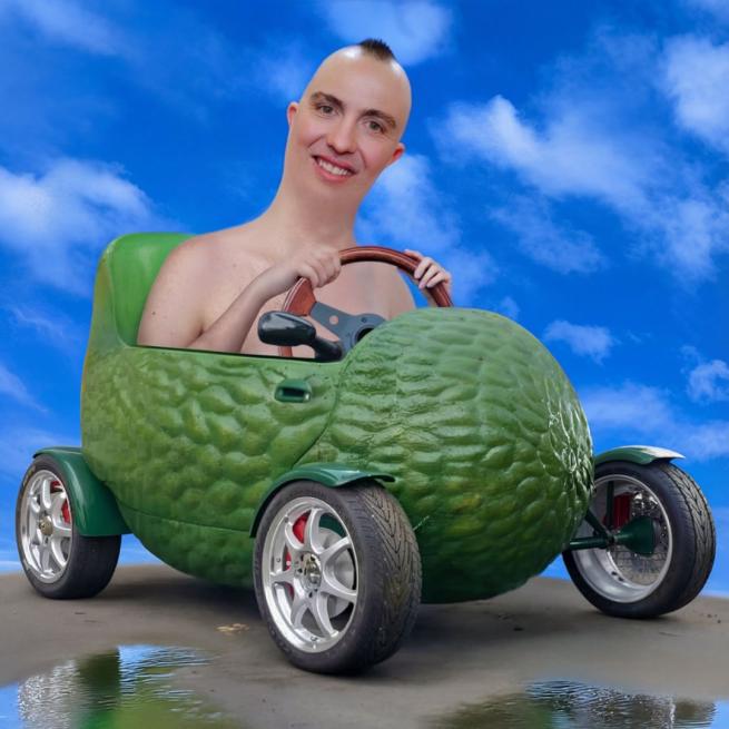 Stylised digital image of Sam Campbell's face super-imposed onto an uncanny male figure driving a green, vegetable vehicle set against a bright blue sky backdrop.