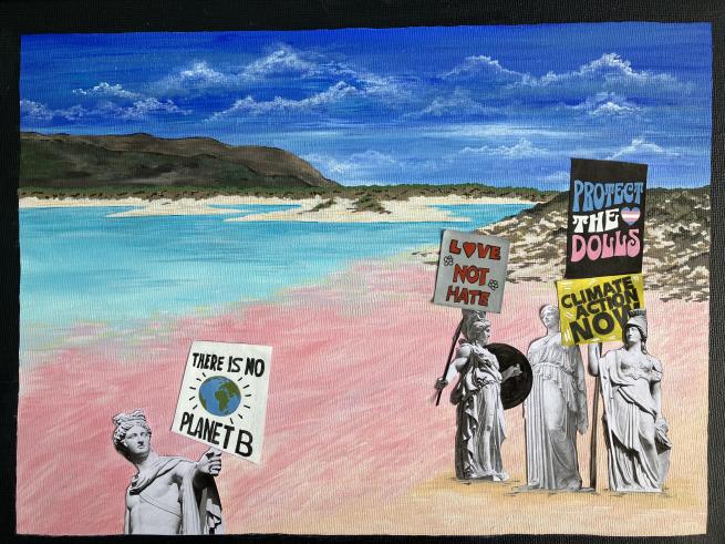 A landscape painting of a beach under a blue sky, layered with cut-out images of classical sculptures. The sculptures act as protesters, holding colorful hand-made signs focused on environmental and social justice themes.
