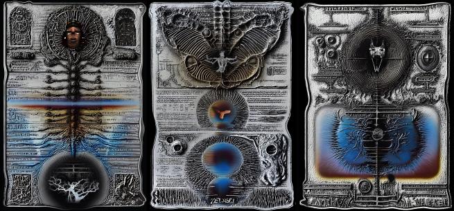 A triptych of three drawings that combine machine and organic elements.