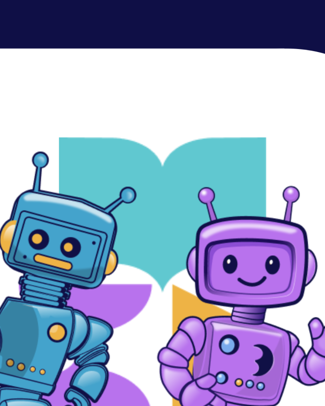 two friendly playful looking robots looking at the viewer, one blue and one purple