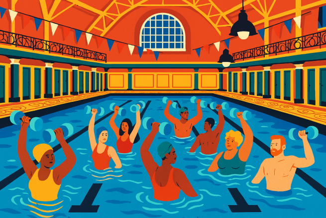 Colourful image of people lifting weights in the pool