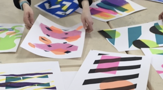 A selection of abstract screen prints on paper in various colours