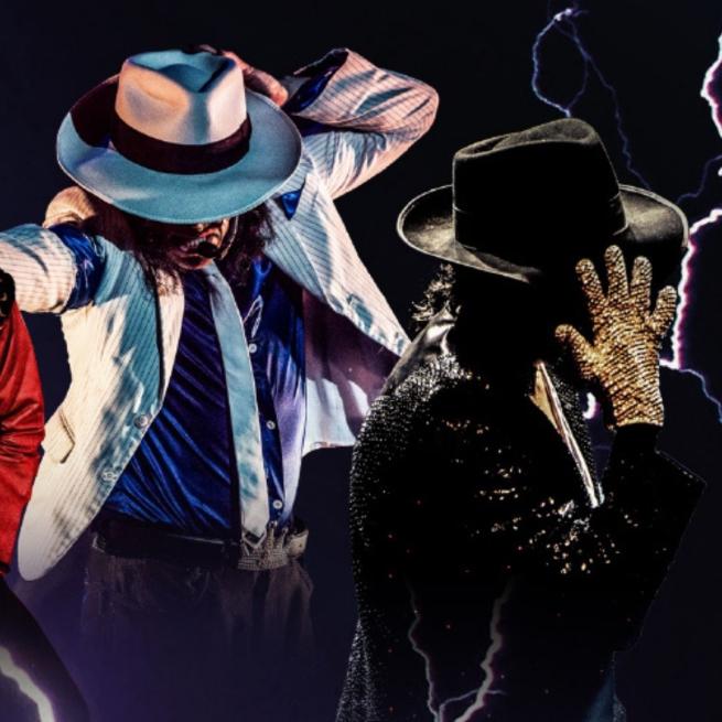 A Michael Jackson tribute in three different iconic outfits in dance poses and singing into a microphone, surrounded by bolts of lightning.