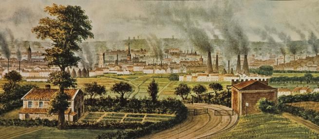 Historic drawing of the Leeds skyline in the 1840s, viewed from Rope‑Hill in what is now Middleton Park. The scene shows prominent landmarks including St Paul’s Church, Trinity Church, Woodhouse Methodist, Bower’s glassworks, and the Middleton Colliery railway. Numerous factory chimneys across the town release smoke into the sky