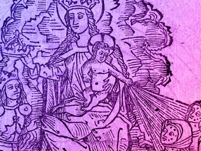 Illustration of a religious scene, with purple gradient over the top