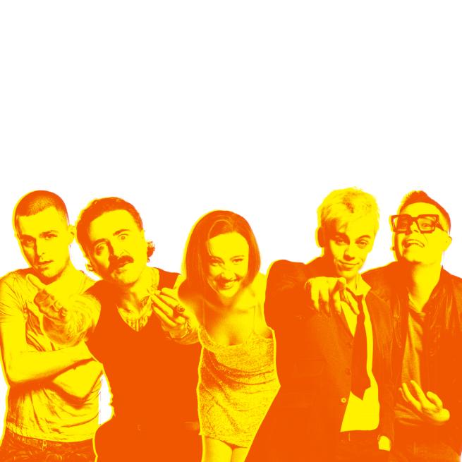 The cast of Trainspotting are lined up and gesturing, under a yellow and orange filter.