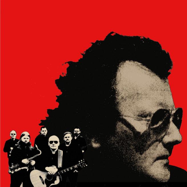 Grainy black and white portrait of Gerry Rafferty in the background, with small band members in the foreground.