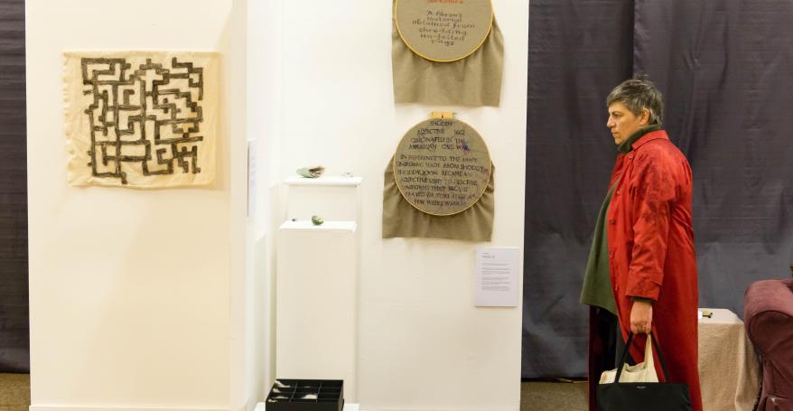 Shoddy exhibition, 2016, showing Maze of Life by Vickie Orton and Shoddy Samplers by Faye Waple. Photo: Mat Dale.