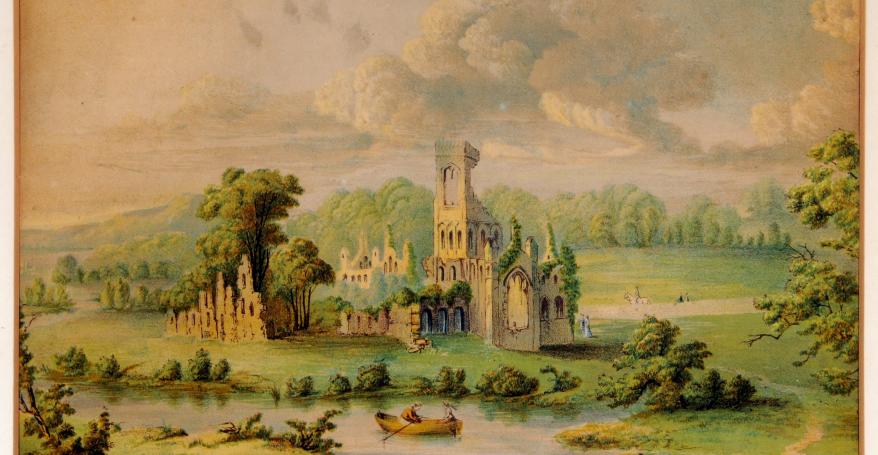 a painting of Kirkstall Abbey and the River Aire