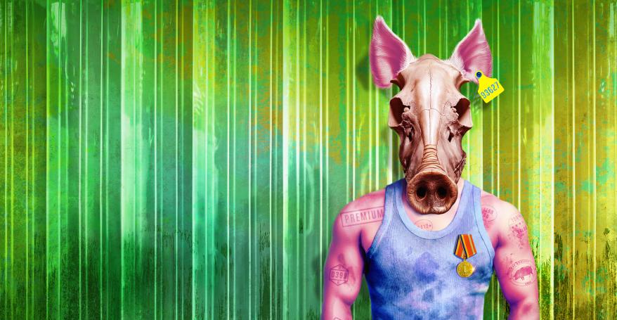 A toned, bruised body stands wearing a dirty vest with the skull of a pig as its head. Green PVC butcher’s curtains hang in the background and white text displays ‘Animal Farm.’