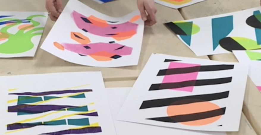 A selection of stencil screen prints featuring a range of abstract shapes in different colours