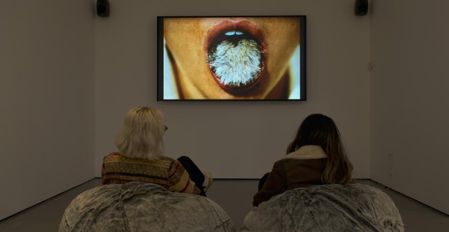 Installation view of The Traumatic Surreal at Henry Moore Institute, 22 November 2024 – 16 March 2025, showing Bady Minck still from La Belle est la Bête / Beauty is the Beast 2005 © Bady Minck, AUT/LUX/NED 2005, sixpackfilm. Photo: John McKenzie