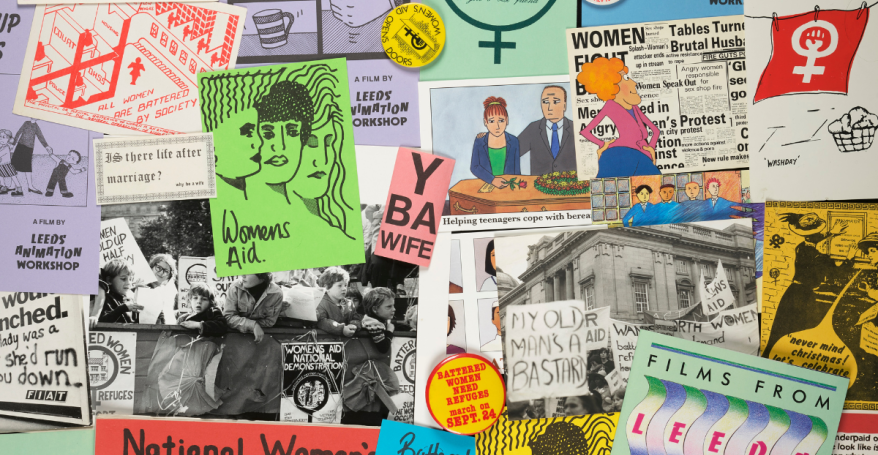 A colourful selection of flyers, postcards and badges from Women's Aid, Leeds Animation Workshop and Feminist Archive North.