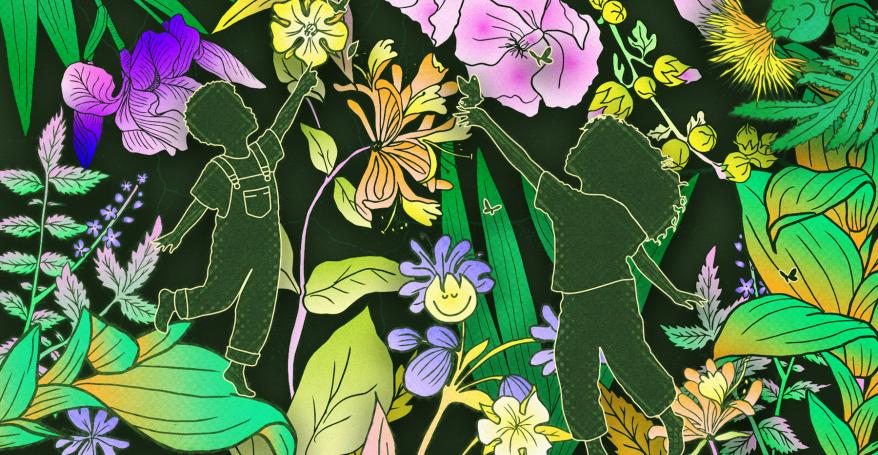 an illustrated image of children playing amongst flowers in an abstract pattern