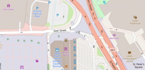 Map excerpt showing Dyer St entrance to Bus Station