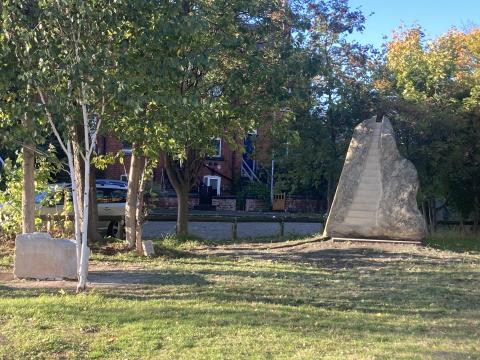 Jacob's Ladder by Keith Ackerman. A 9ft 7tonne sculpture in Tadcaster Limestone set in South Leeds' very own miniature sculpture garden