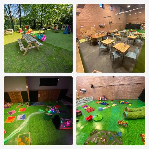 Photo of Calf Shed outside space, cafe area, sensory room and session play area 