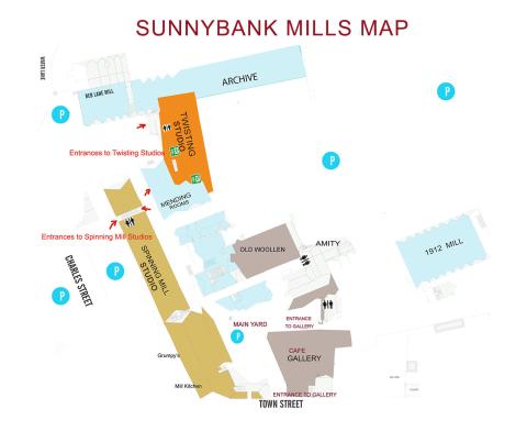 Site map of Sunny Bank Mills, showing parking areas and entrances to Twisting Studios and Spinning Mill Studios