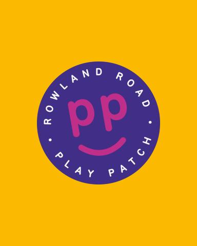 Purple circle logo on yellow background with "ROWLAND ROAD PLAY PATCH" in white around it. Inside, pink "pp" forms a smiling face. Playful tone.