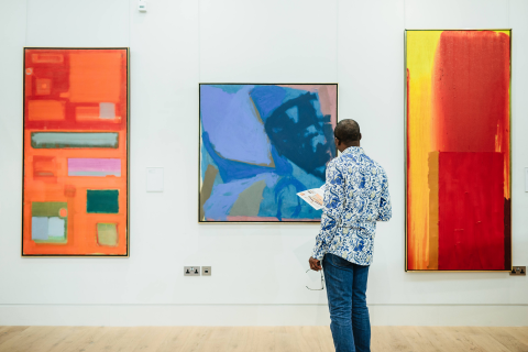 A visitor viewing three brightly coloured abstract artworks in The Stanley & Audrey Burton Gallery.