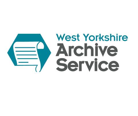 Text reads "West Yorkshire Archive Service" with a teal hexagon on the left containing an image of an opened scroll.