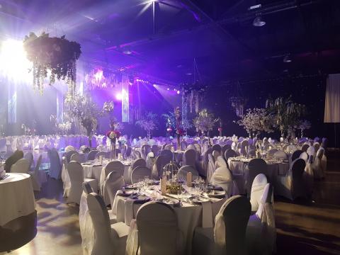 New Dock Hall elaborately decorated for a wedding.