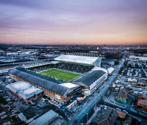 a drone photograph of a football stadium 
