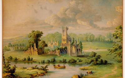 a painting of Kirkstall Abbey and the River Aire