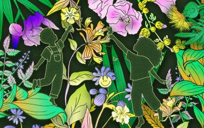 an illustrated image of children playing amongst flowers in an abstract pattern