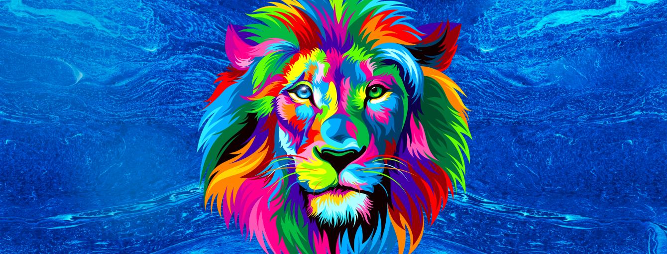 A very colourful lion against a blue background.