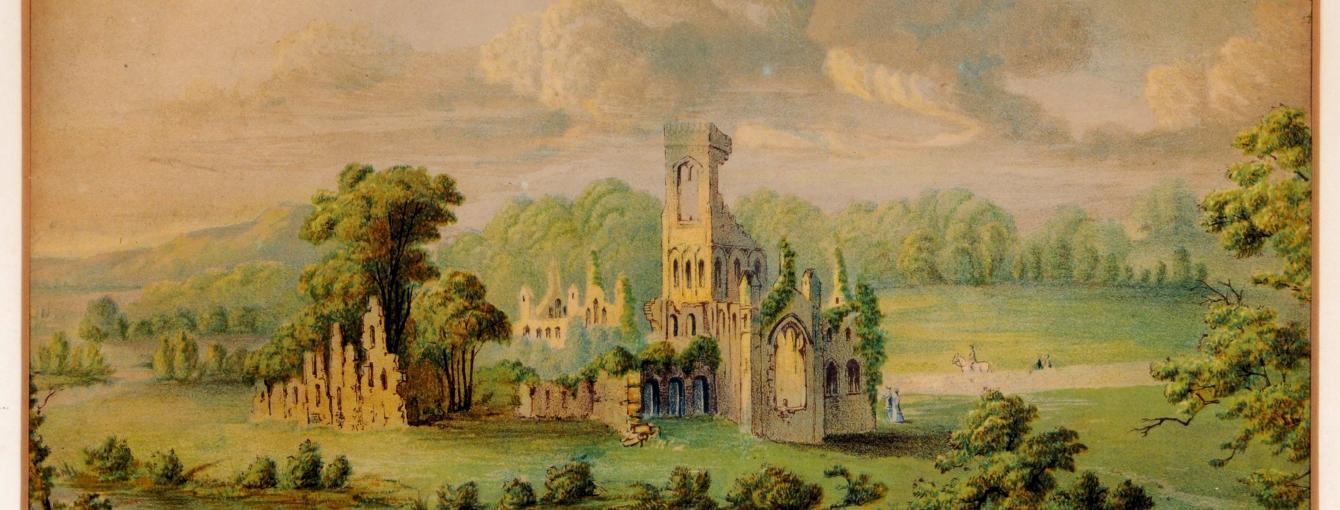 a painting of Kirkstall Abbey and the River Aire